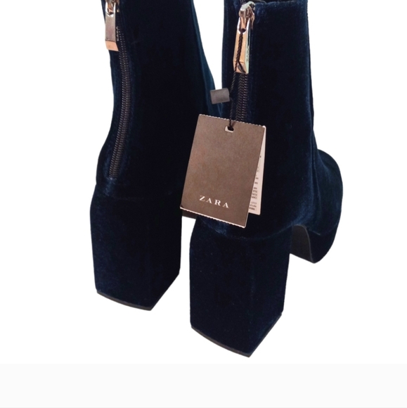NWT | Zara Women's Teal Velvet Platform Ankle Boots | Size US 11 - Picture 4 of 8